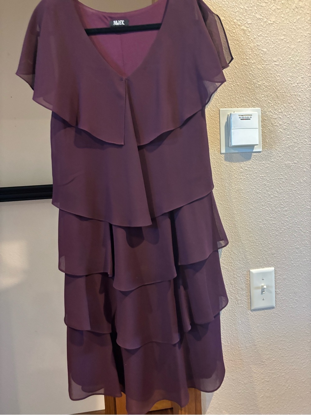 SLNY Plum Layered Midi Dress with Cascade Tiers